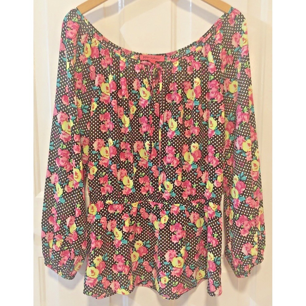 Betsey Johnson Women's L Floral Peasant Top Peplum Blouse Polka Dot Black Pink